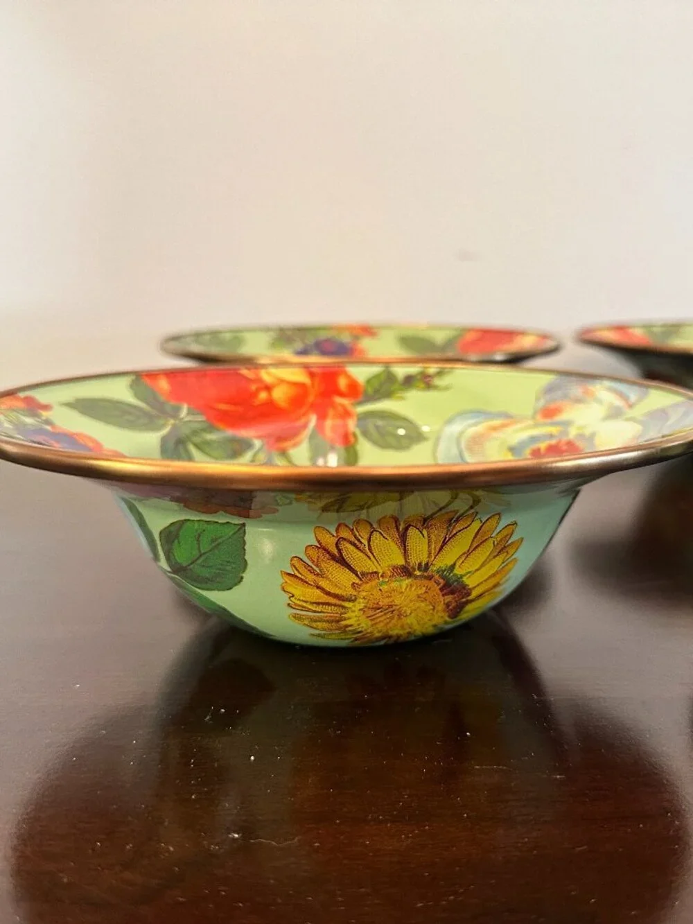 New MacKenzie Childs Green Flower Market Enamelware Breakfast 1 Serving Bowl 8”